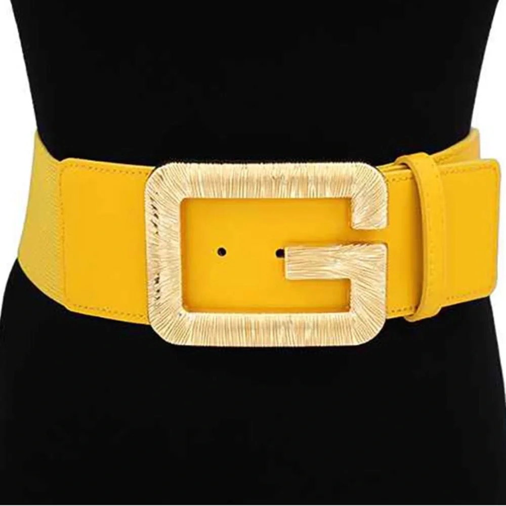 Gold Buckle Textured Metal G Letter Wide Elastic Statement Belt
